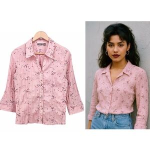 Apt. 9 Pink Embroidered Floral Crinkle Button Down Blouse